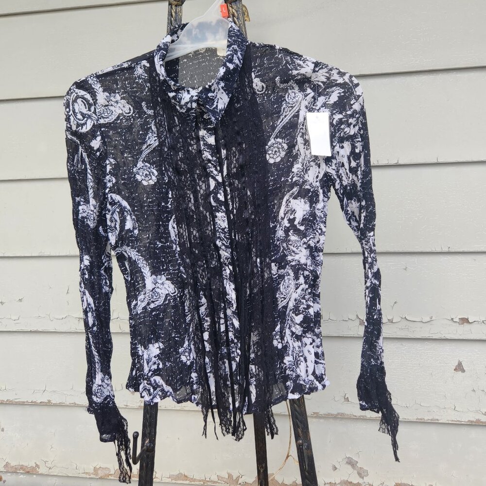 A12   Sheer Sexy Black & White Lace - Snap closure - Lacy Trim & Tie Cuffs P/M